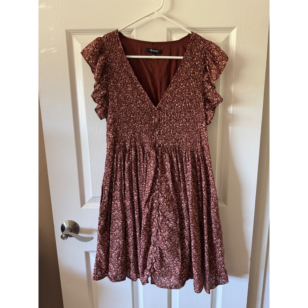 Madewell Floral Smocked Mini Dress Women Small Brown Flutter Sleeve Pockets - Picture 2 of 9